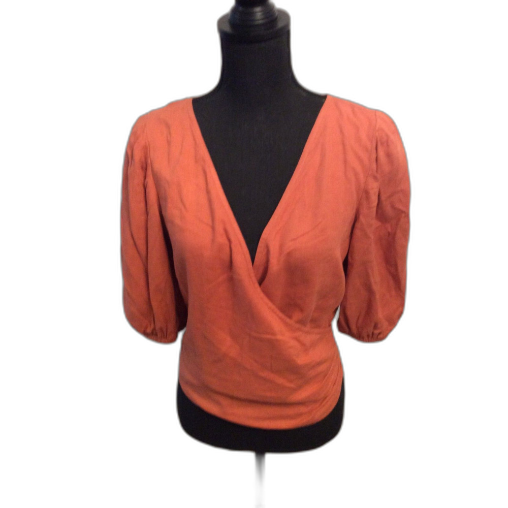 Abercrombie & Fitch AF Burnt Orange Puff sleeve Tie Back Medium M Linen blend